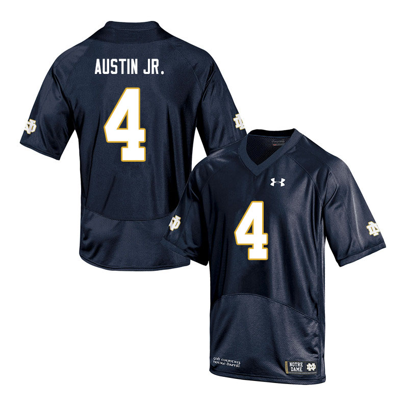 Men's NCAA Notre Dame Fighting Irish #4 Kevin Austin Jr. Stitched College Under Armour Authentic Navy Football Jersey TC10Z46ZS